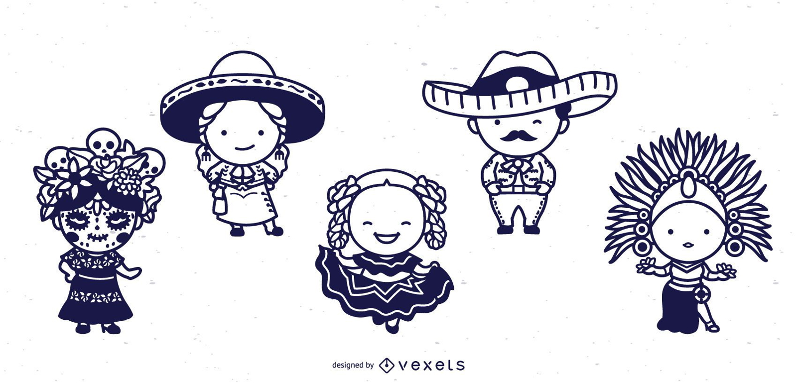 Mexican cute characters stroke set