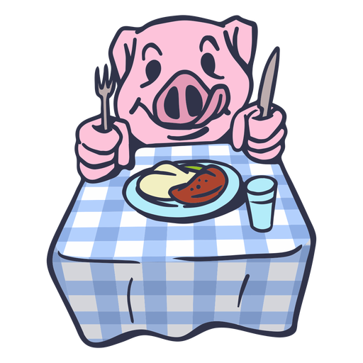 Pig eating at table cartoon