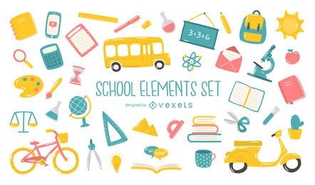 Colección plana de elementos escolares