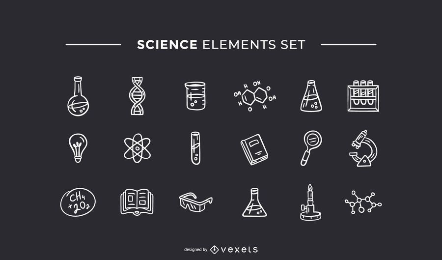 Elementos de ciencia dibujados a mano conjunto blanco Elementos de ciencia dibujados a mano conjunto blanco