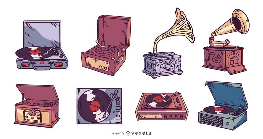 Vintage Vinyl Player Illustration Set Vintage Vinyl Player Illustration Set