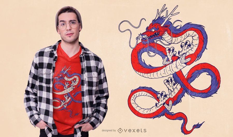Diseño de camiseta de dragón chino azul rojo Diseño de camiseta de dragón chino azul rojo