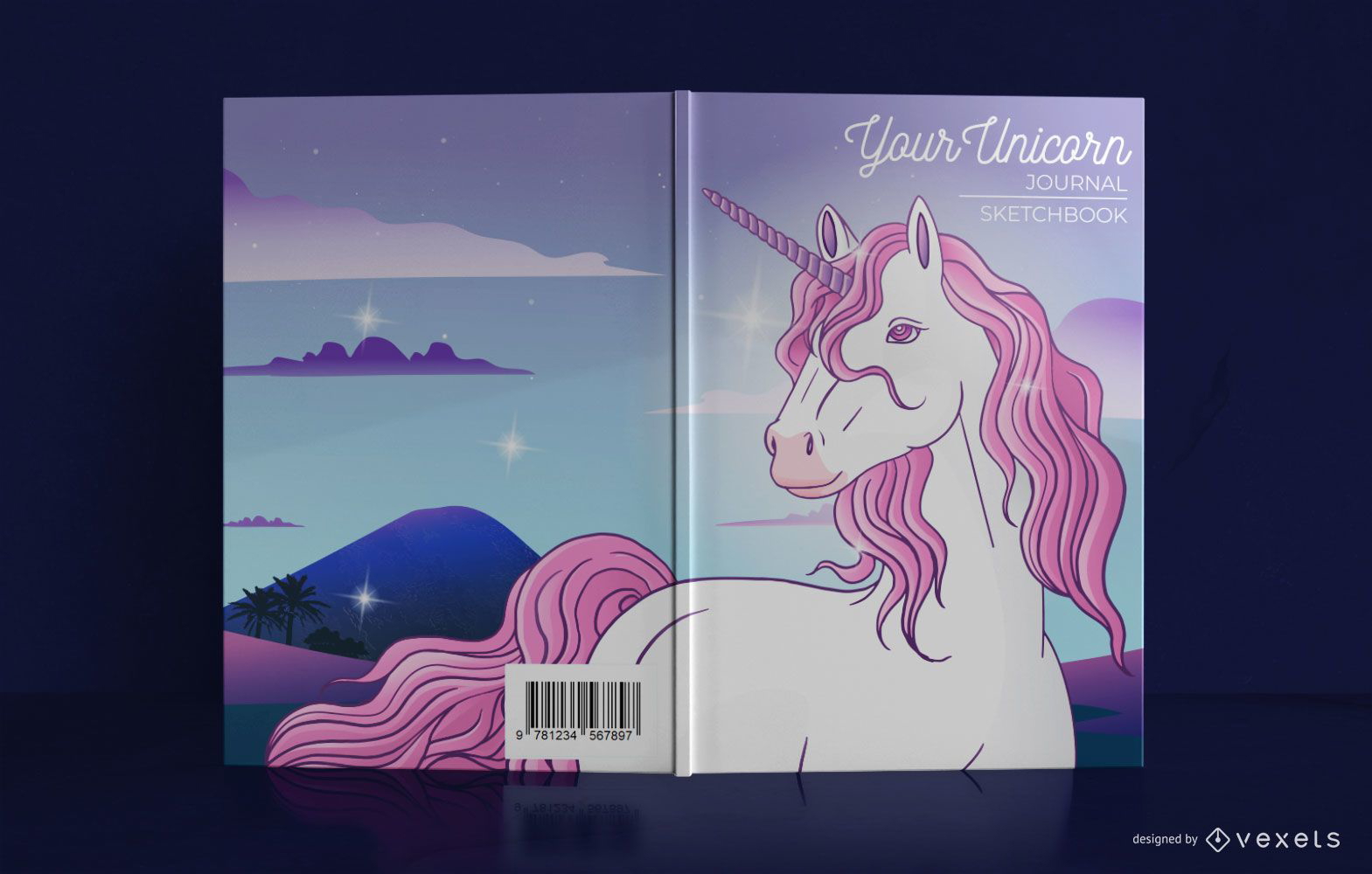 Diseño ilustrado de portada de libro de diario de unicornio