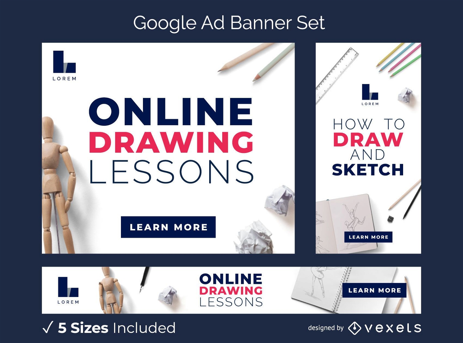 Conjunto de banners de anúncios para aulas de desenho online