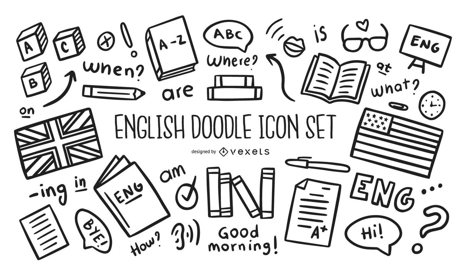 Conjunto de ícones de doodle em inglês