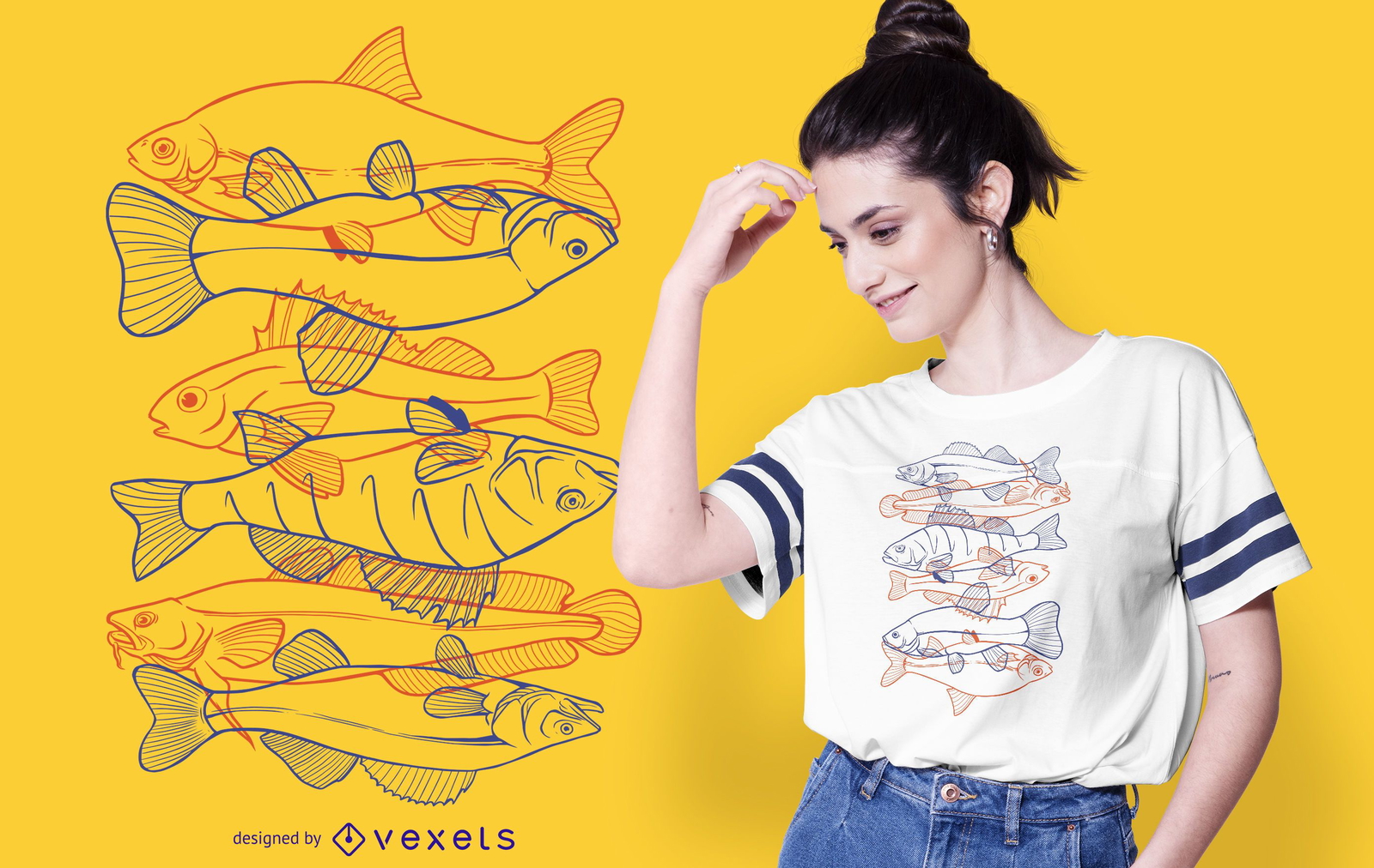 Desenho de t-shirt com ilustra??o de contorno de peixe