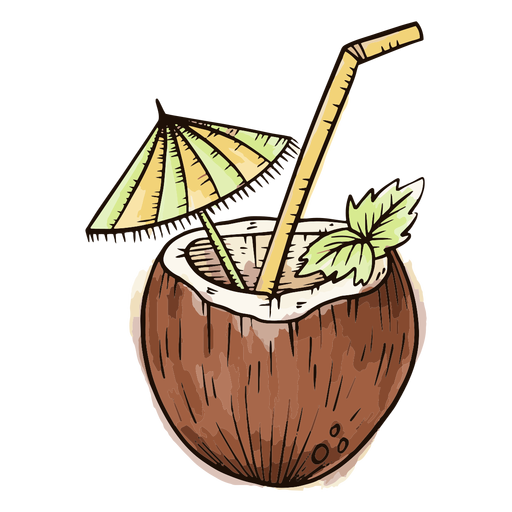 Kokosnuss mit Regenschirmaquarell PNG-Design