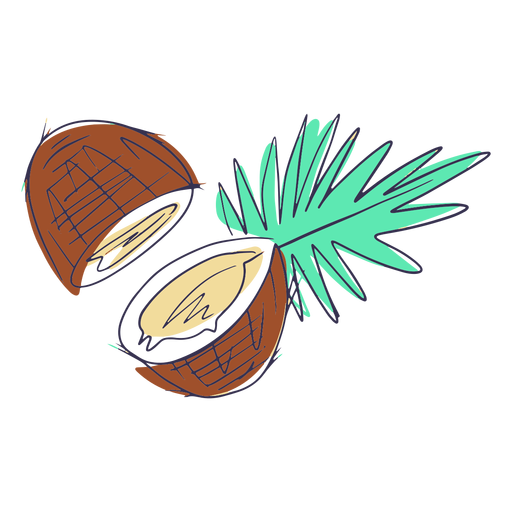 Geschnittene Kokosnuss mit Blattkritzeleien PNG-Design