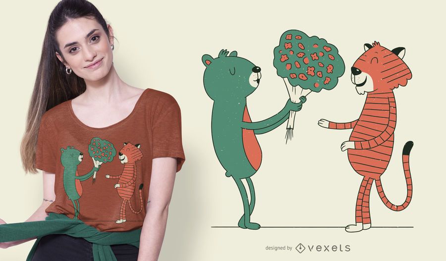 Diseño de camiseta de flores de oso y tigre Diseño de camiseta de flores de oso y tigre