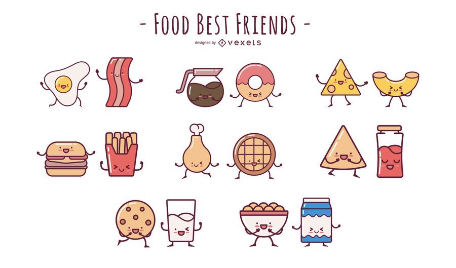 Paquete de dibujos animados de diseño plano de amigos de comida Paquete de dibujos animados de diseño plano de amigos de comida