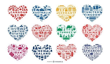 Countries heart compositions set