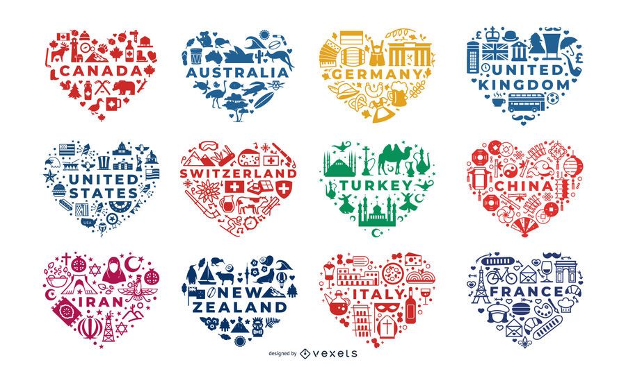 Conjunto de composiciones de corazón de países Conjunto de composiciones de corazón de países