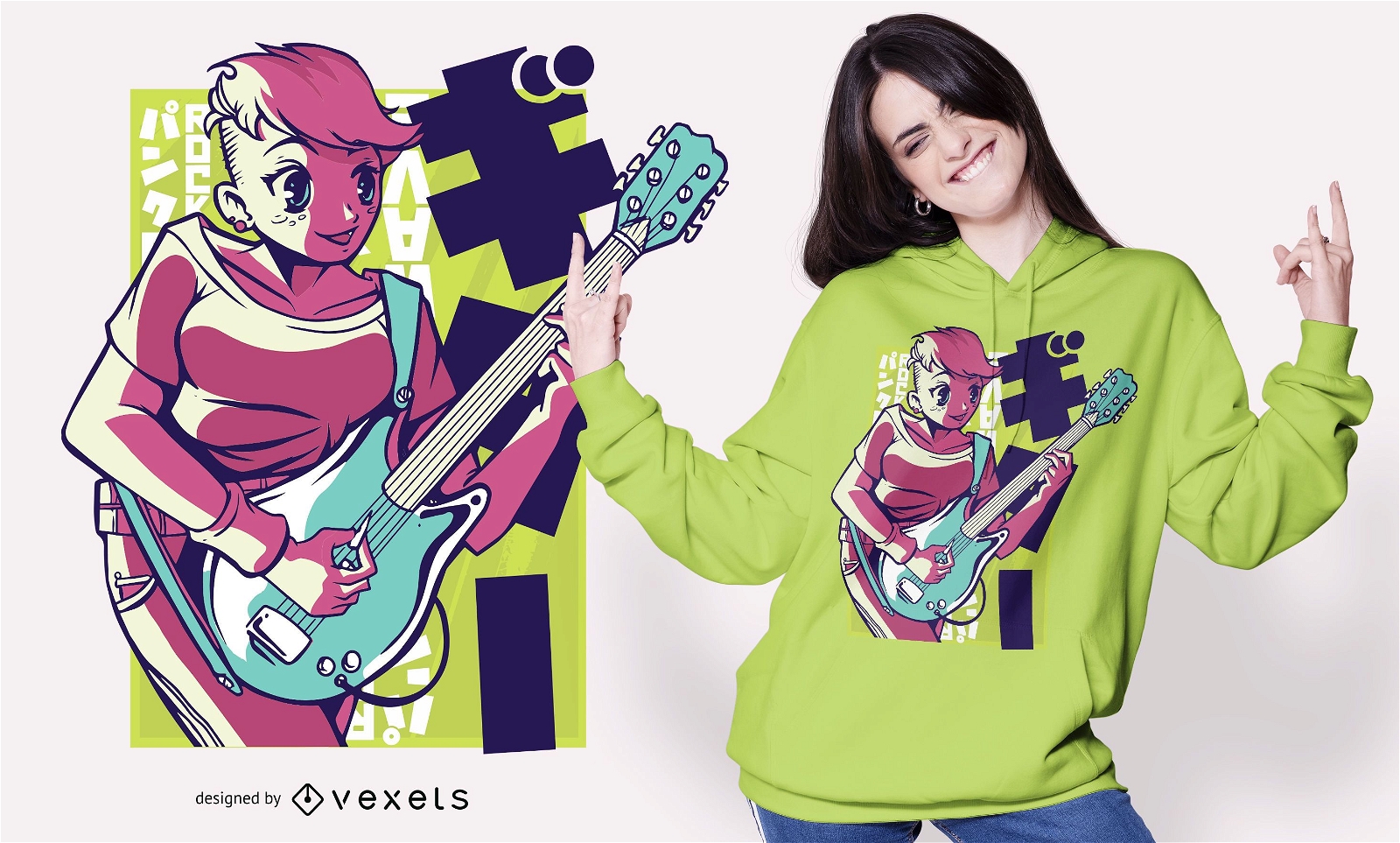 Design de camiseta de guitarra de garota de anime