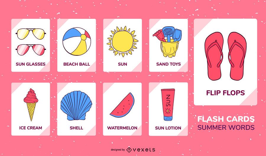 Conjunto de flashcard de elementos de verano Conjunto de flashcard de elementos de verano