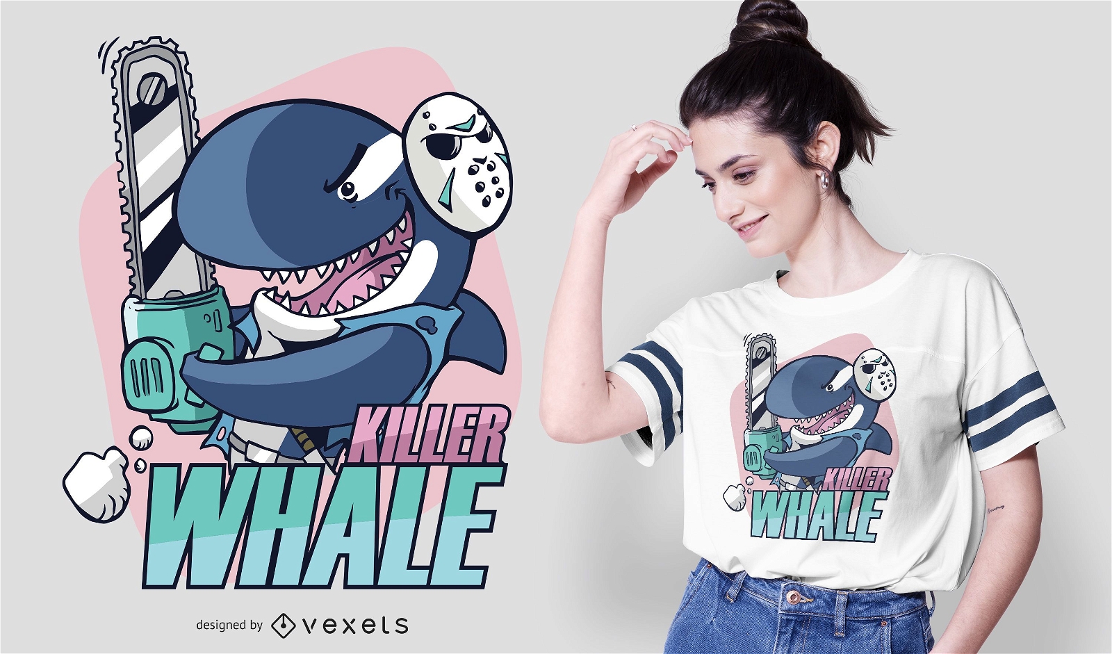 Design de camiseta com texto de desenho animado da baleia assassina
