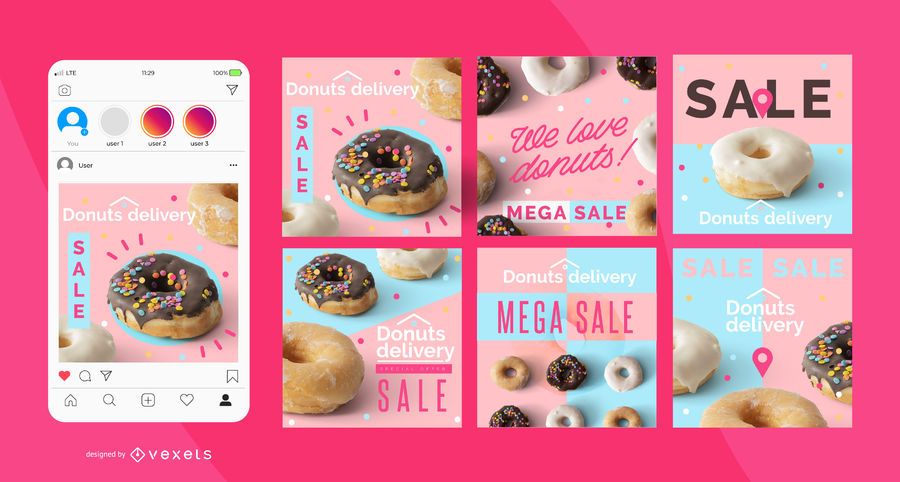 Conjunto de publicaciones de redes sociales de entrega de donas Conjunto de publicaciones de redes sociales de entrega de donas