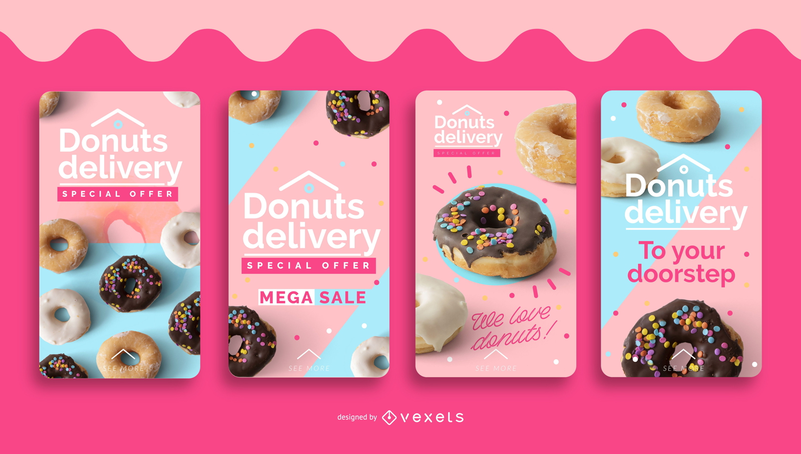 Conjunto de histórias de mídia social com entrega de donuts