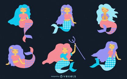 Lindo conjunto plano de sirenas