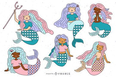 Conjunto de ilustração de sereias fofas