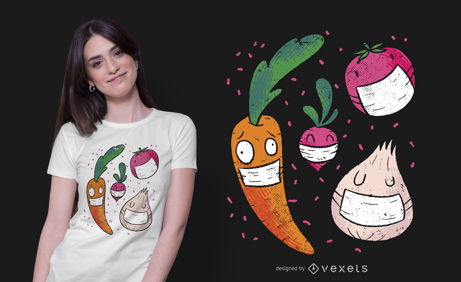 Design de camiseta com máscara facial e vegetais