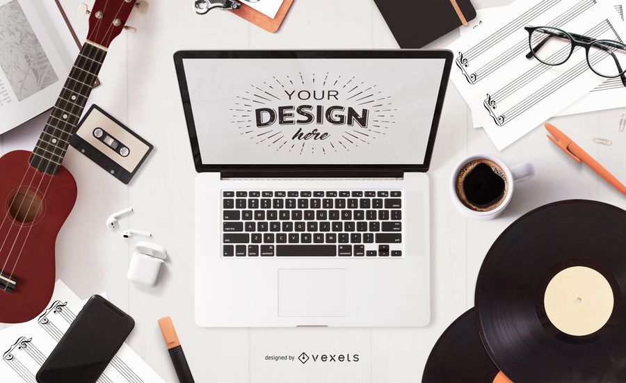 Maquete de laptop para músico em casa Maquete de laptop para músico em casa