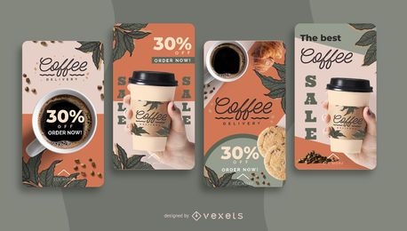 Conjunto de historias de redes sociales de entrega de café.