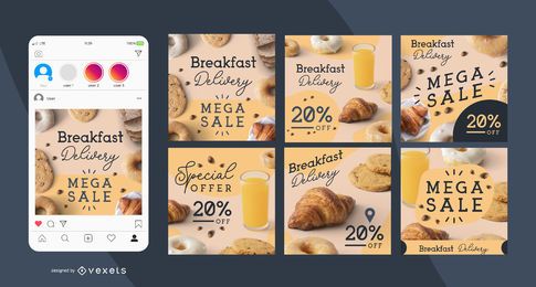 Conjunto de publicaciones de redes sociales de entrega de desayuno