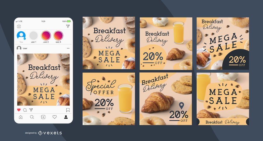 Conjunto de publicaciones de redes sociales de entrega de desayuno Conjunto de publicaciones de redes sociales de entrega de desayuno