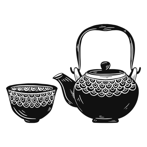 Teapot and cup black and white PNG Design