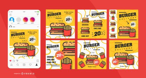 Conjunto de publicaciones de redes sociales de entrega de hamburguesas