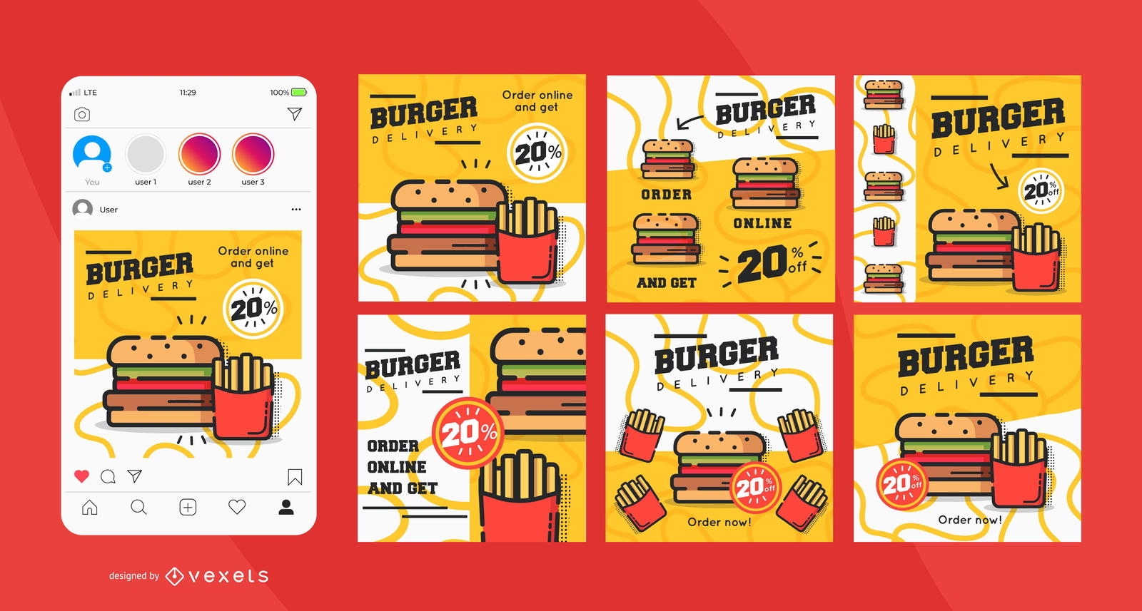 Burger delivery social media post set