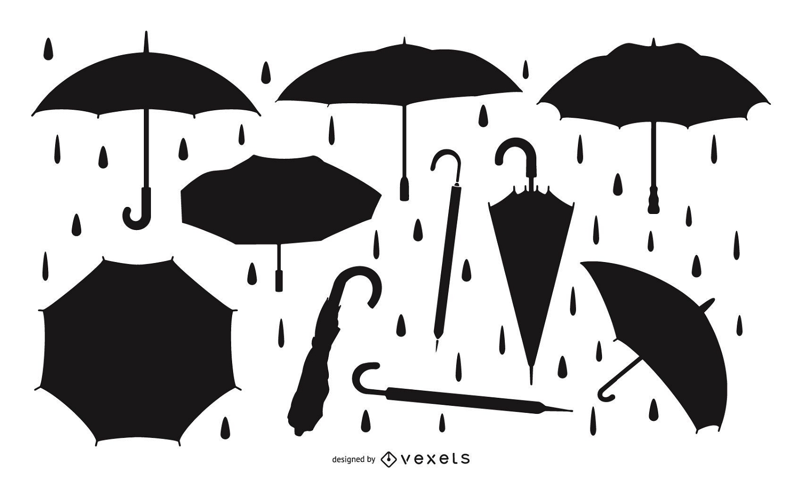 Conjunto de guarda-chuva e silhueta de chuva