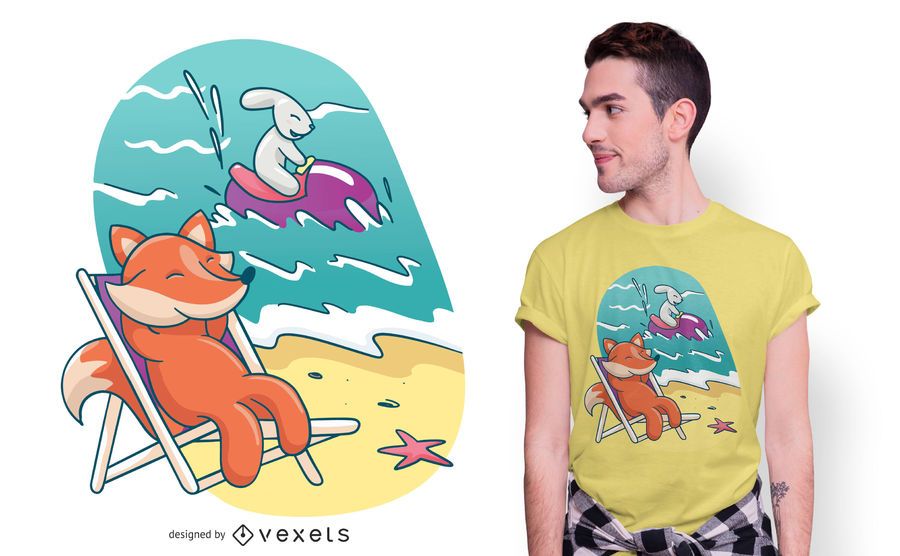 Fox and Rabbit Beach Friends T-shirt Design Fox and Rabbit Beach Friends T-shirt Design