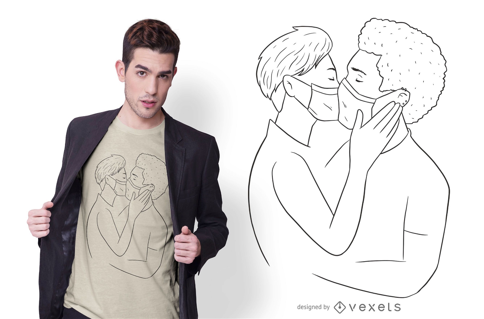 Design de t-shirt de m?scara facial para casal beijando