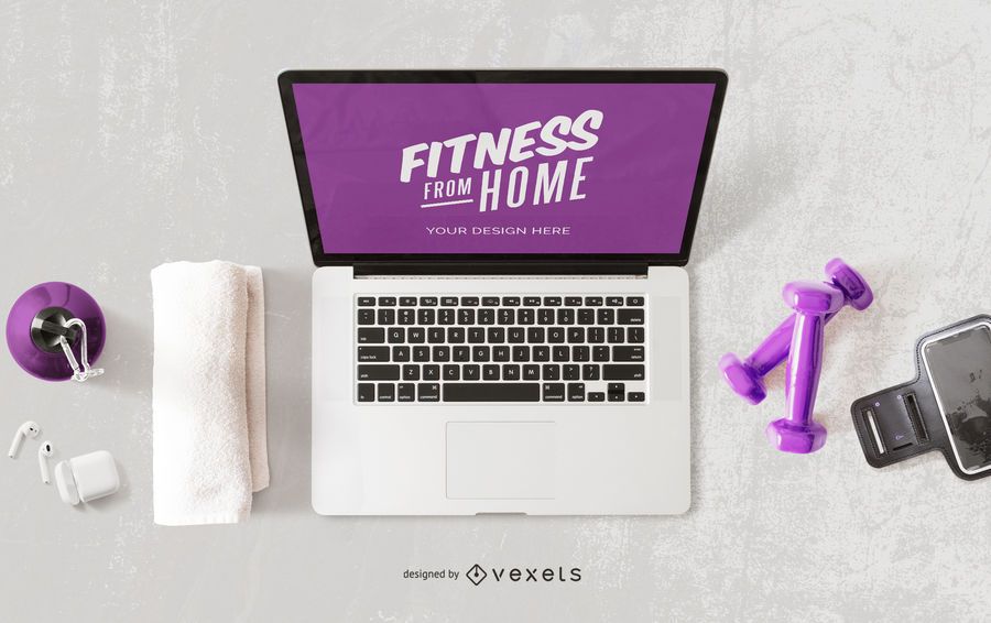 Fitness from home computer mockup PSD Mockup download