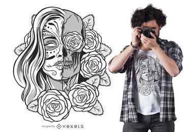 Projeto do t-shirt da menina do crânio do açúcar dos mortos-vivos Projeto do t-shirt da menina do crânio do açúcar dos mortos-vivos