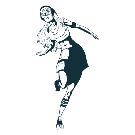 Girl rollerskating character black and white PNG Design