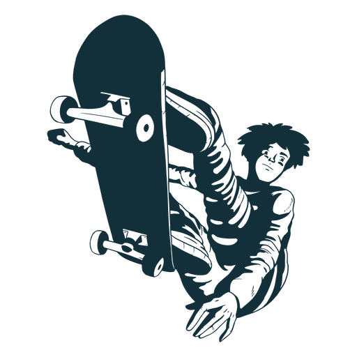 Male skater tricks character black and white PNG Design