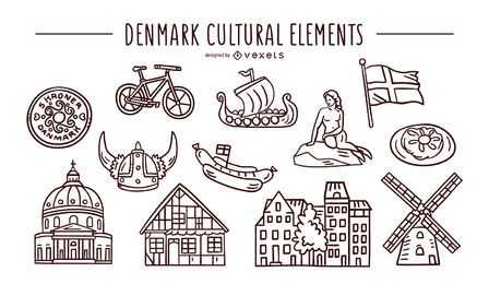 Denmark cultural elements stroke set Denmark cultural elements stroke set