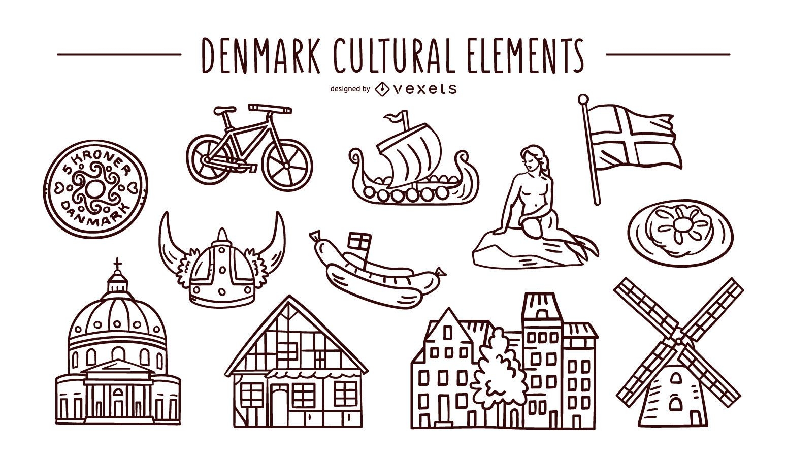 Conjunto de trazos de elementos culturales de Dinamarca