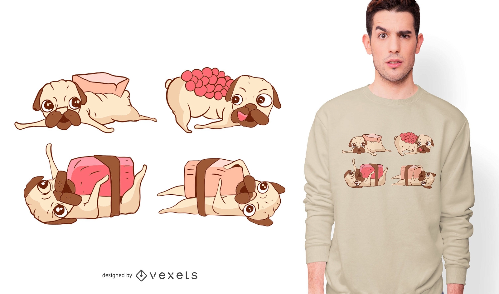 Design de camisetas sushi pugs