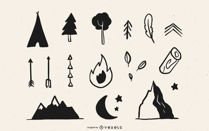 Paquete de elementos de campamento de bosque dibujado a mano