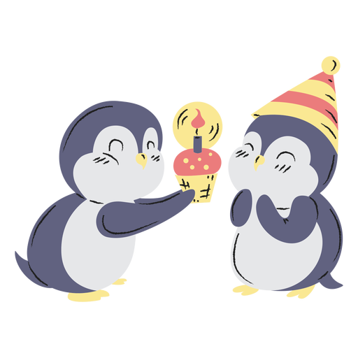 Pinguins fofos de aniversário desenhados à mão