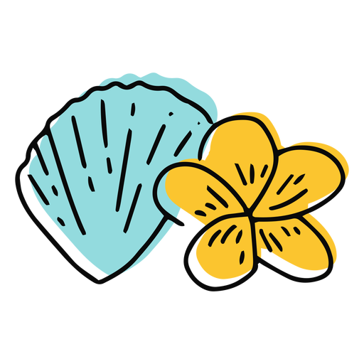 Concha do mar e flor de plumeria plana