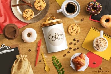 Maquete de composição de elementos alimentares de café