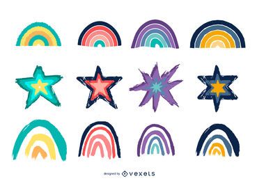 Paquete ilustrado de diseño de arco iris y estrellas Paquete ilustrado de diseño de arco iris y estrellas
