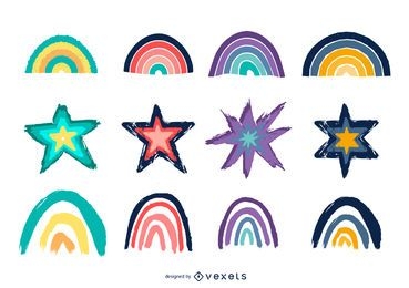 Paquete ilustrado de diseño de arco iris y estrellas