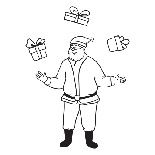 Santa haciendo malabares con trazo de regalos Diseño PNG