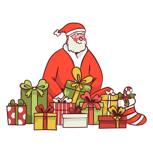 Weihnachtsmann umgeben von Geschenken PNG-Design
