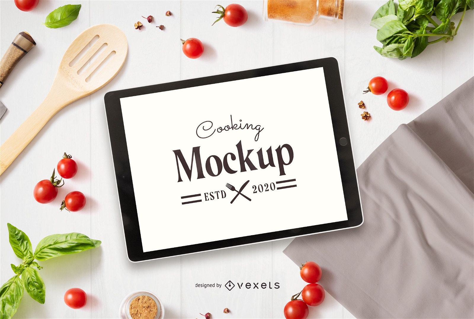 Cooking tablet mockup composition
